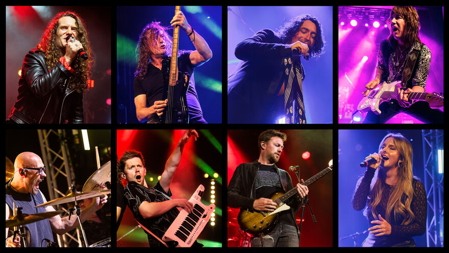 A composite image of performers singing and playing instruments