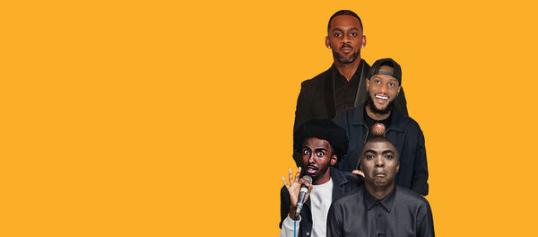 A composite image of four comedians against a yellow background