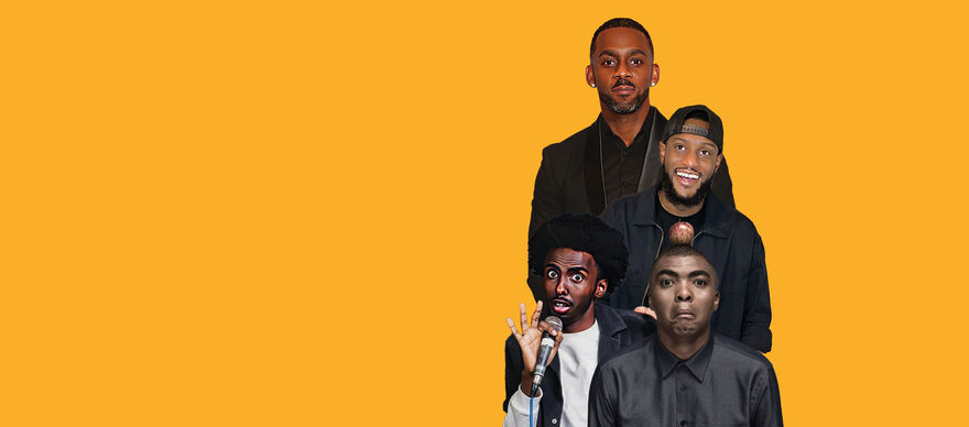 A composite image of four comedians against a yellow background
