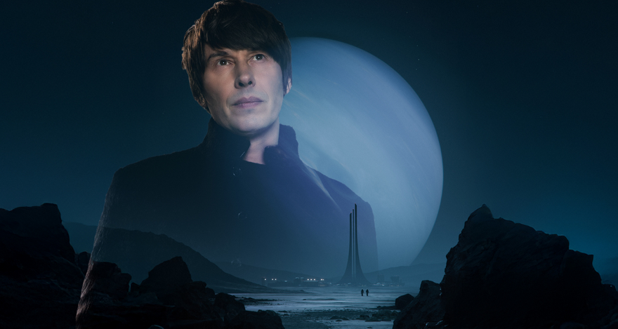 Brian Cox superimposed over a a planet and hilly sealine 