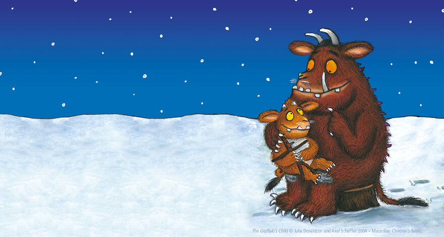 Illustration of The Gruffalo holding The Gruffalo's Child sat in a log in a snowy landsscape