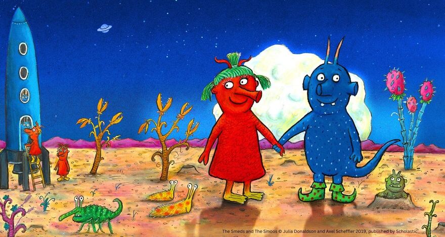 Cartoon of a red and a blue alien holding hands 
