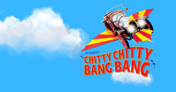 'flying car with 'Chitty Chitty Bang Bang' written on of sheet musci, bright blue cloudy sky in background