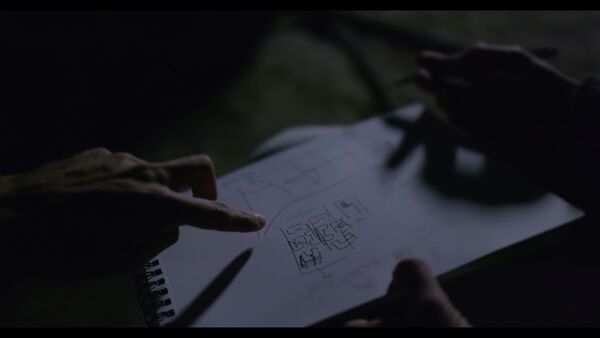 A close up of a drawing with fingers pointing. 