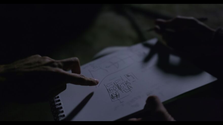 A close up of a drawing with fingers pointing. 