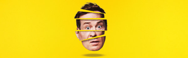 Image of Ardal O'Hanlon's face cut into pieces on a yellow background