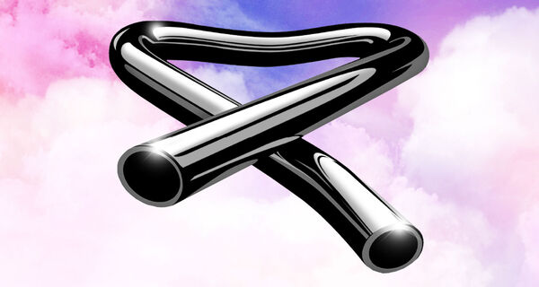 Multi-coloured clouds in background with tubular bell's silver logo in the centre