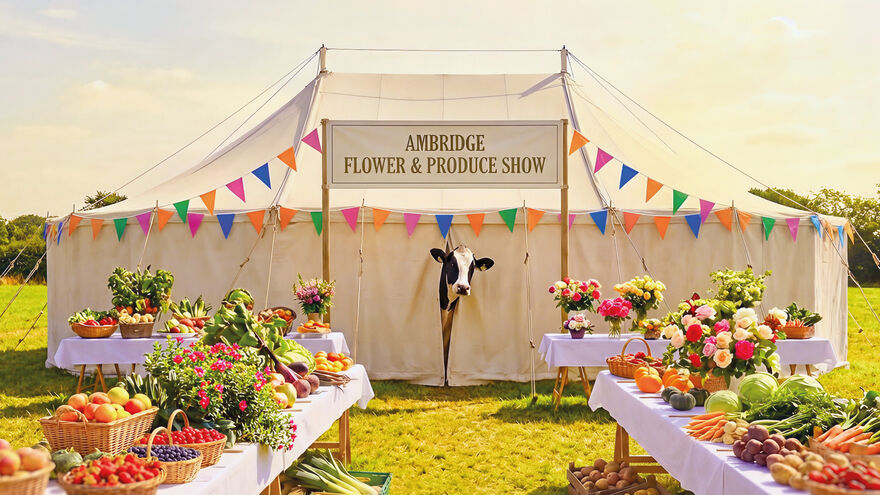 A Cows head sticking out of a tent, tables full of produce