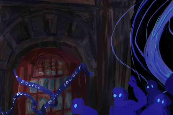 An illustration of dark blue silhouettes with glowing eyes gathered near a red-lit arched doorway crossed by police tape.