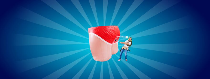 Designed graphic with a blow-up bottom breaking wind and a man standing next to it