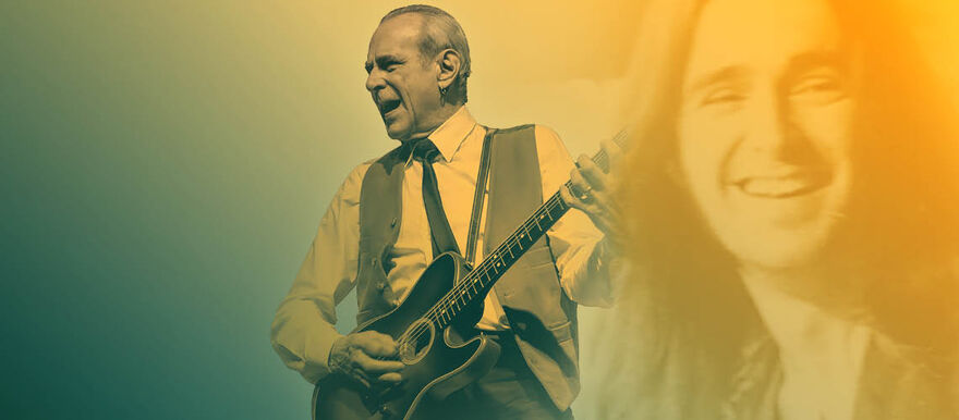 Francis Rossi playing guitar with a faded image of a younger version of him in the background