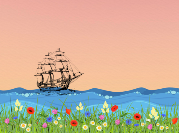 Illustration of a ship on the sea with flowers in the foreground
