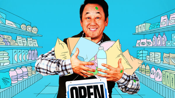 Graphic of a convenience store with a photo of a man in the centre holding groceries 