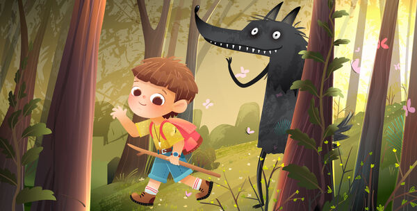 Illustration of a young boy and a wolf waving in the woods