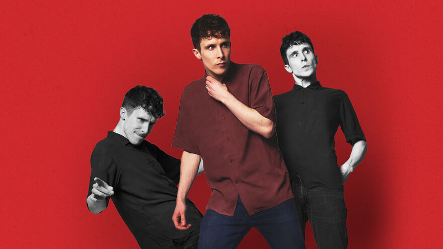 3 images of Larry Dean in different poses on a red background