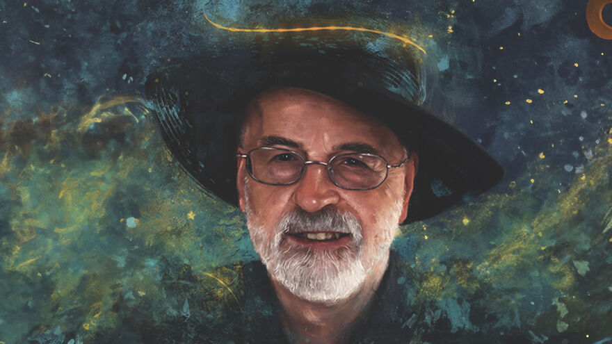 Painting of Terry Pratchett wearing a hat in a starry night sky